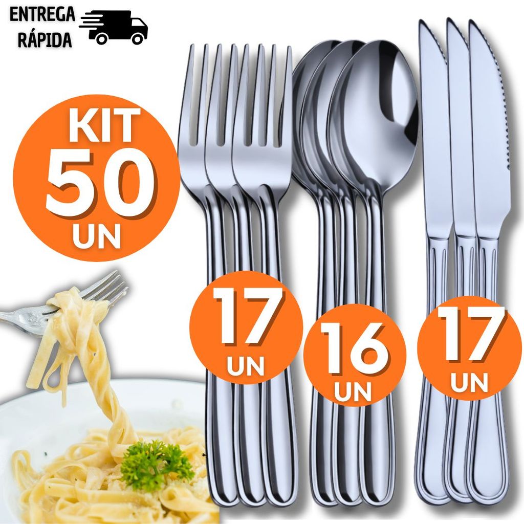 Combo 50 Talheres Inox Garfo Faca Colher Cozinha Restaurante Buffet Casa Bar Atacado Resistência Qualidade Utilidades