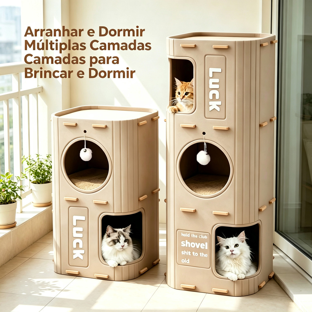 Casa Interativa para Gatos de Feltro 3 Níveis, Torre com Espaço para Descanso, Arranhador e Brinquedo Pompom