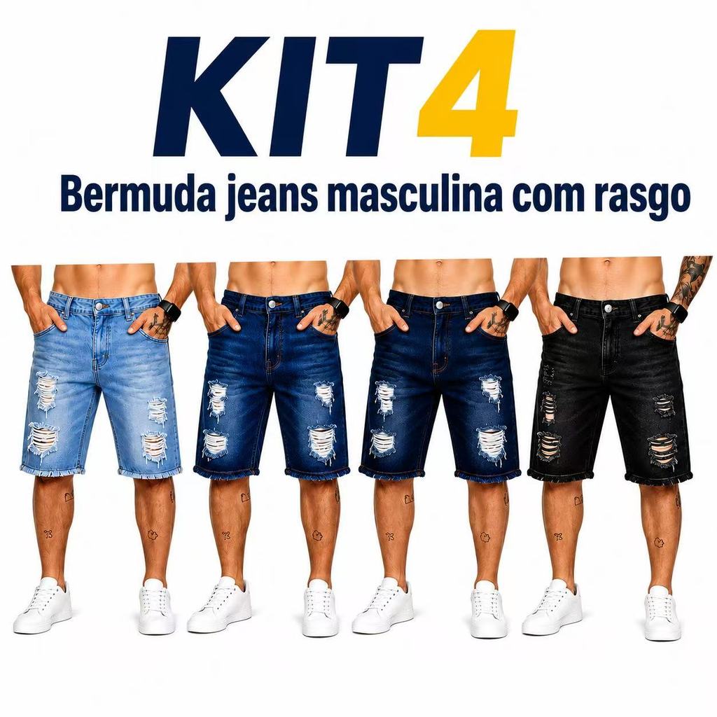 Kit 4 Bermudas Jeans Masculina Rasgada Destroyed Moda Casual