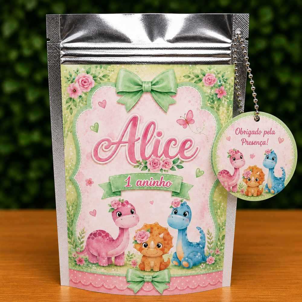 Saquinho Metalizado Ziplock Dinossauro Baby Rosa Personalizado /Lembrancinha de Festa /Aniversário