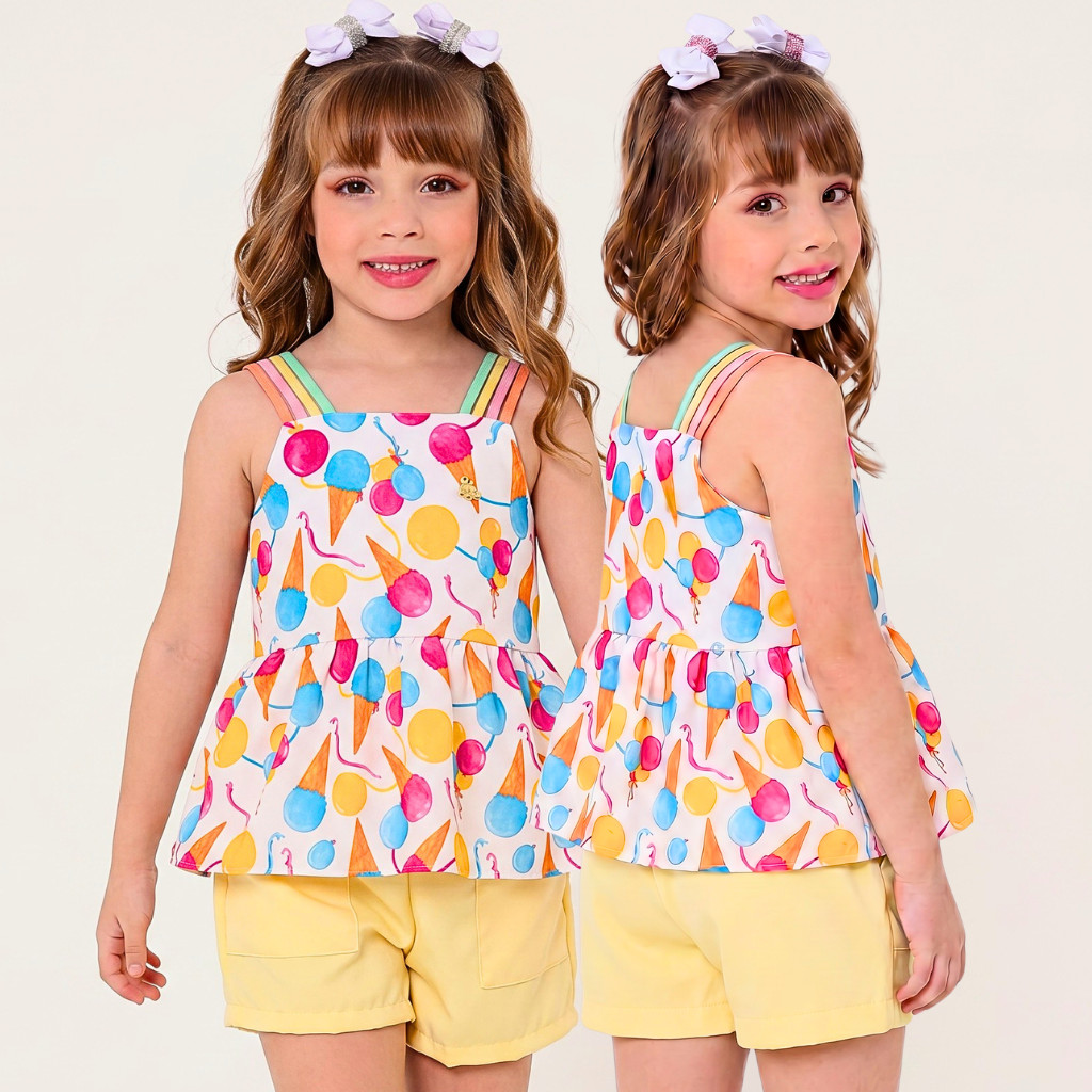 Conjunto infantil menina moda blogueira blusa e shorts princesa confortavel estampados tamanhos  4 6 8 10