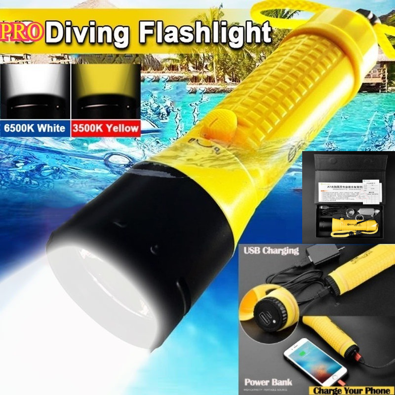 Lanterna Profissional De Mergulho LED Com Luz Amarela/Branca IPX8 À Prova D'água Subaquática 500m Lâmpada Embutida Bater