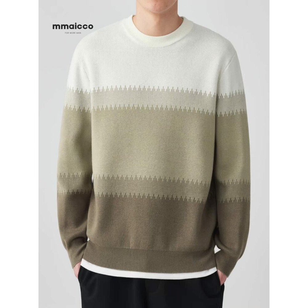Momaike Suéter masculino engrossado com gola redonda, autoaquecimento, aquecimento, outono inverno, listras, cor contras
