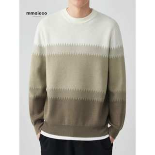 Momaike Suéter masculino engrossado com gola redonda, autoaquecimento, aquecimento, outono inverno, listras, cor contras