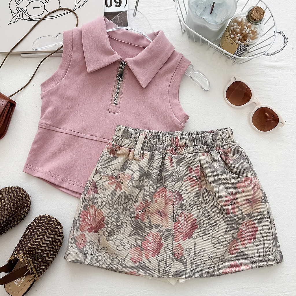 Meninas verão bonito lapela colete Floral Shorts conjunto de duas peças 2026 bebê menina moda Retro terno na moda
