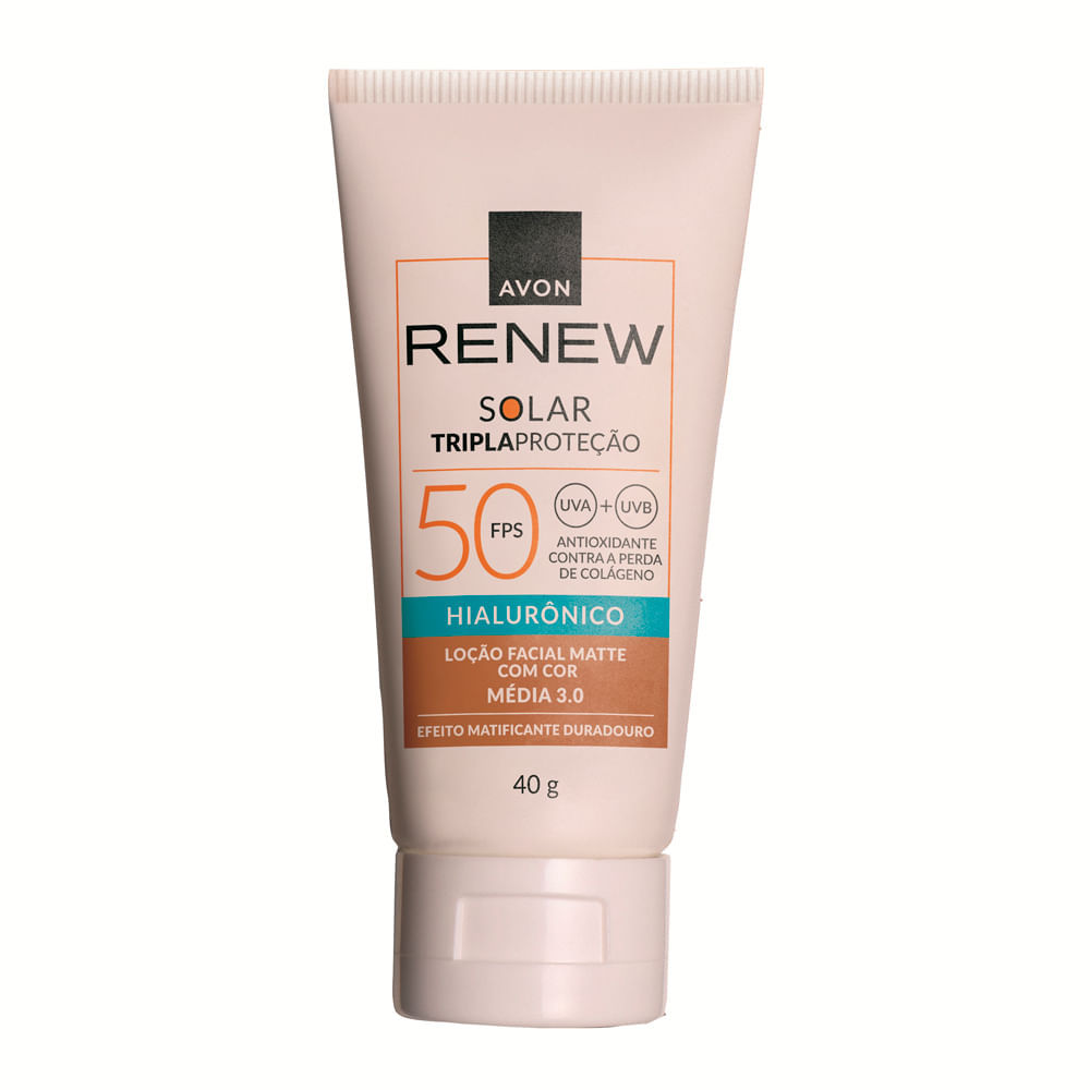 Protetor Solar Facial Tripla Proteção Avon Renew FPS 50 Loção Matte Hialurônico Cor Média 3.0 40g