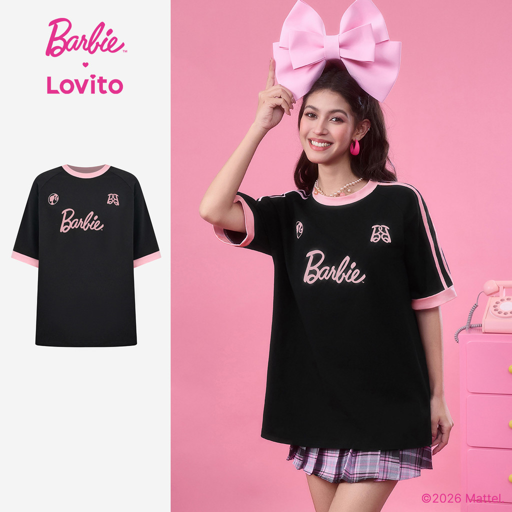 Barbie™ X Lovito Casual Camiseta Estilo Coreano Folgada Preta Primavera/verão Pa