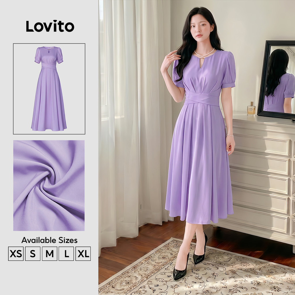 Lovito Lilás Elegante Vestido recortado plissado primavera/verão vestido roxo pa