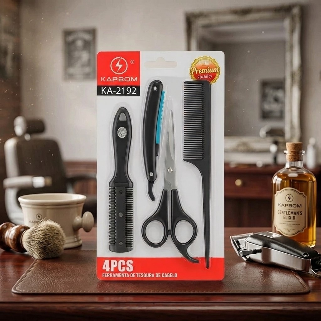 Utensílios Para Barbeiro Profissional Tesoura Inox Navalhete E Pente Estilo Clássico E Durável