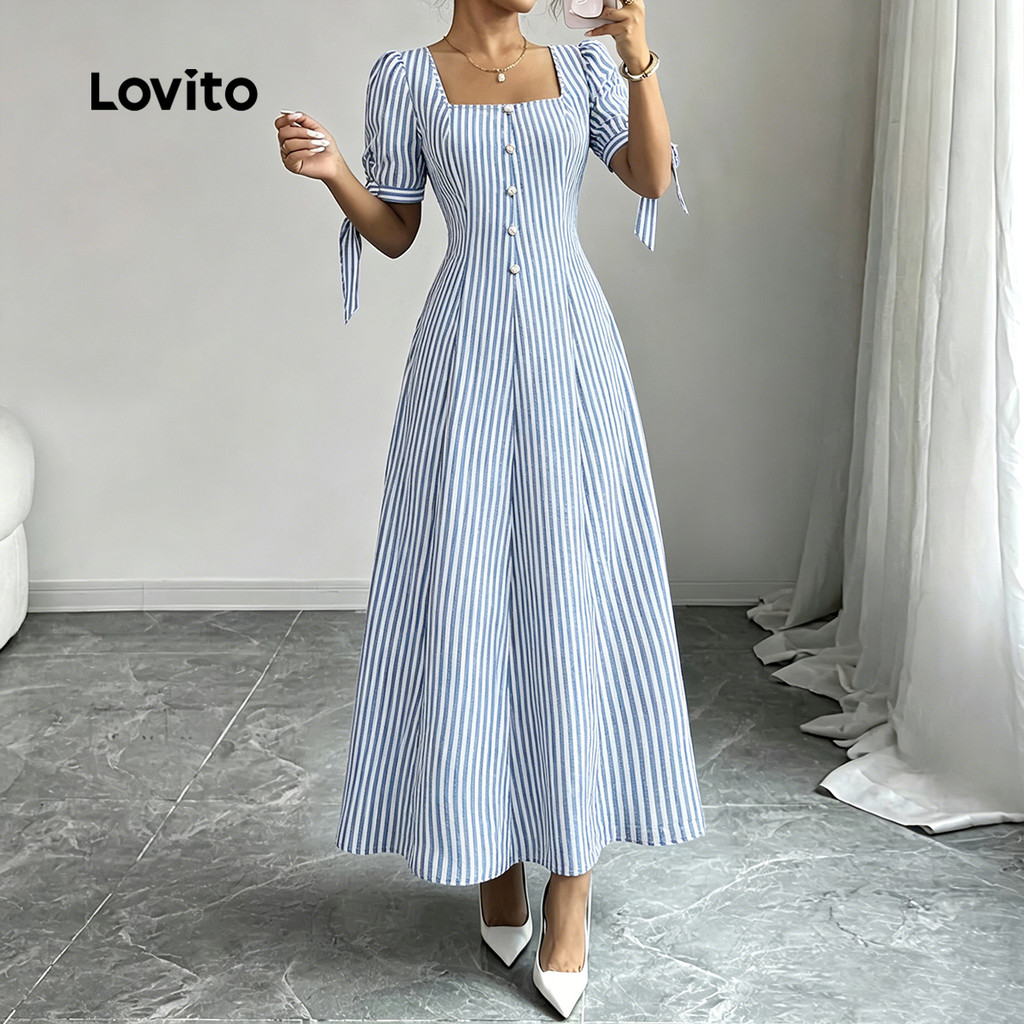 Lovito Vestido Elegante de Amarrar Botão Frontal Primavera/verão Azul para mulheres Bordado DRBR37BR010 · foto 2