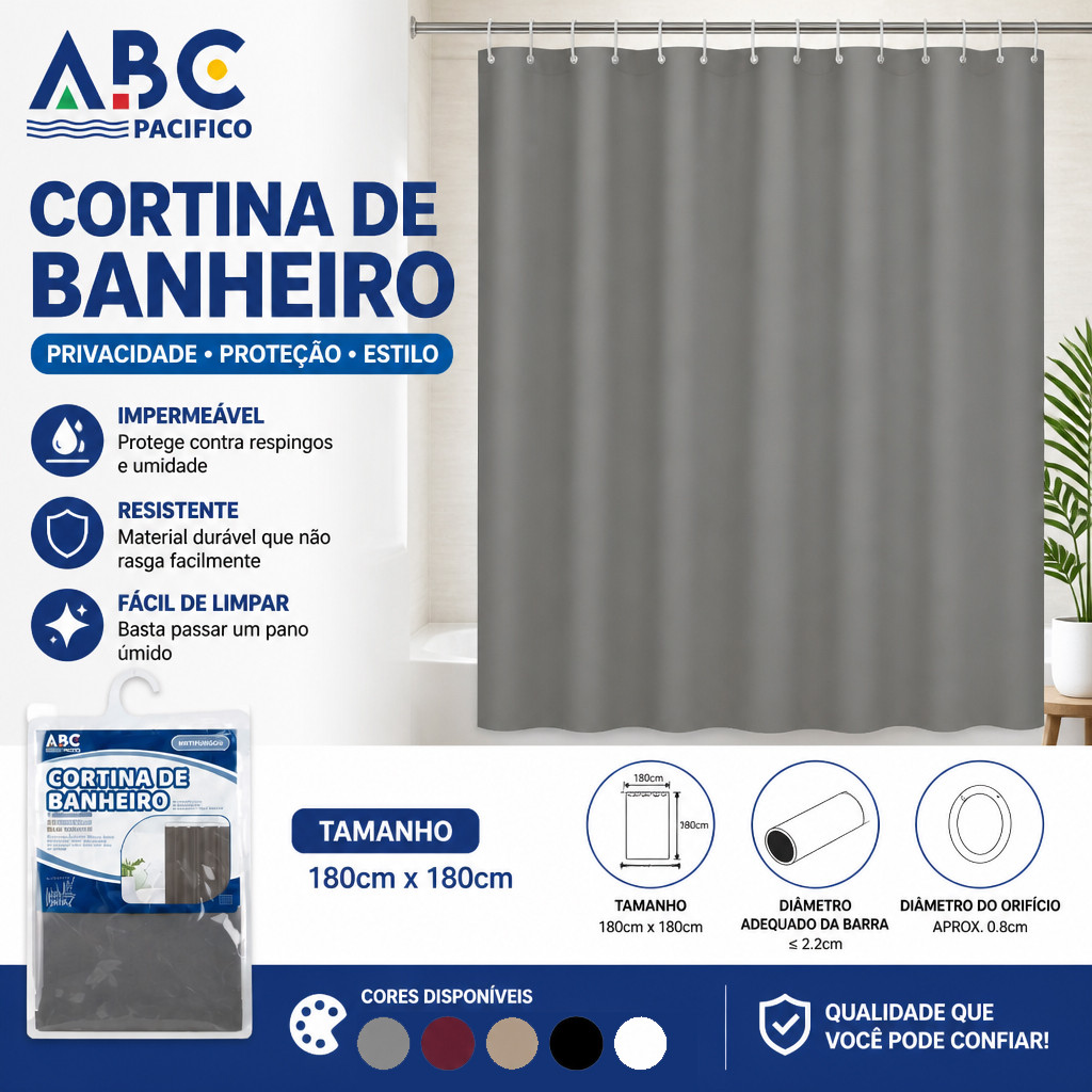 Cortina de Box Vinil Lisa Banheiro Moderna Impermeável Anti-Mofo 180×180cm - Envio Imediato