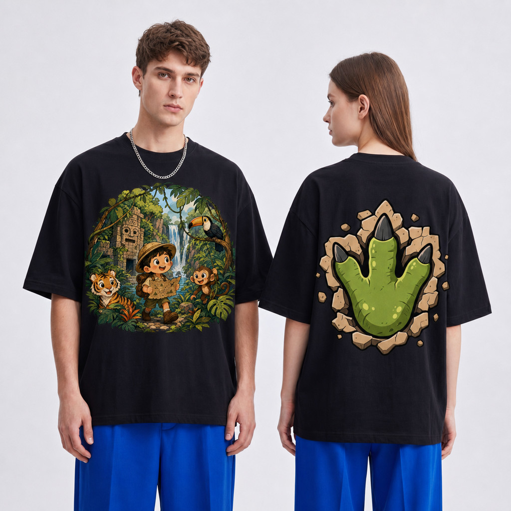Camiseta Preta Básica Dinossauro Pegada Dinossauro Aventura Selva Dinossauro 100% Algodão