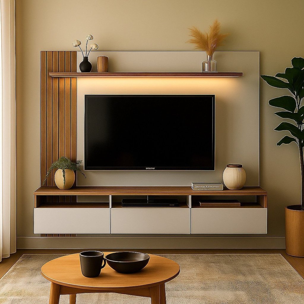 Painel Ripado para TV até 65 Polegadas com LED 220cmx165cm 3 Gavetas Nichos Bp Yescasa Solanum/Branco Solanum/Branco