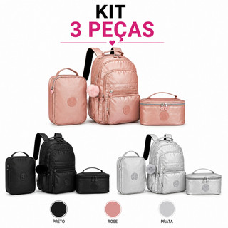 Kit Mochila Lancheira Estojo Metalizado Premium Impermeável Chaveiro Pompom