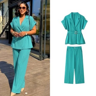 Conjunto de Calças Elegantes Femininas para o Verão, Blazer de Manga Curta com Cinto e Calças de Cintura Alta Femininas 