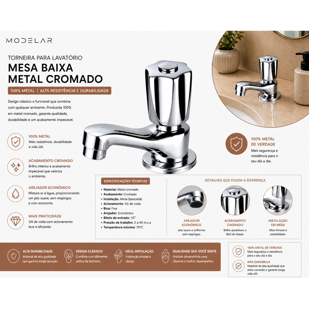Torneira Banheiro Lavatório Mesa Baixa Metal Cromada Modelar Bica Baixa Pia Banheiro Lavabo MVI · foto 2
