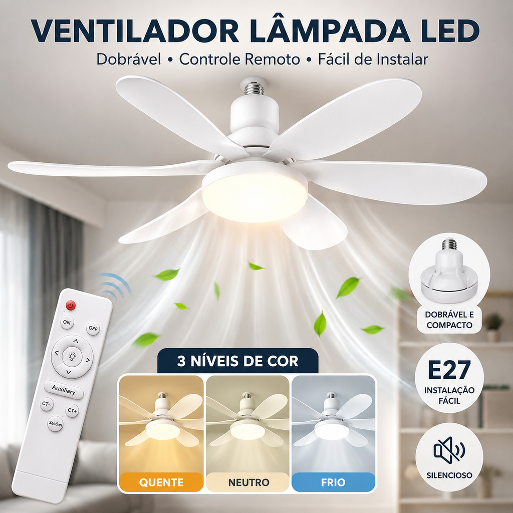 Ventilador de Teto 60w Luz Led 3 Tipos de Luz C/ Controle Remoto Ventilador C/ 6 Hélices Bivolt