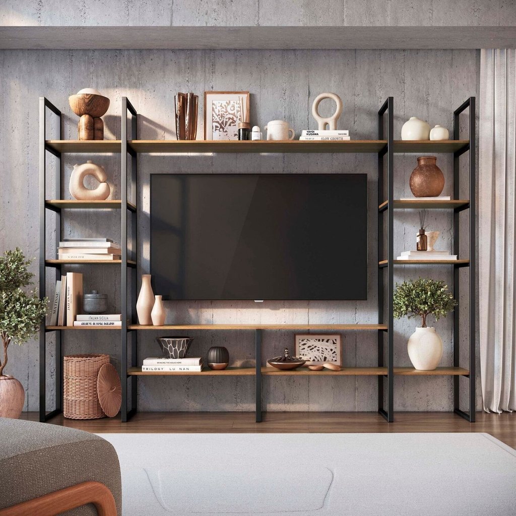 Estante para TV e Home Theater Industrial para TV até 55 Polegadas MDF 30CMX185CM Ferro com Industrial Madrid