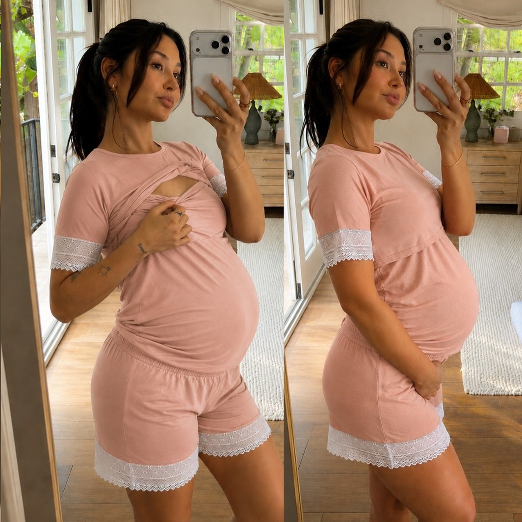 Pijama Feminino Amamentação Curto Para Gestantes Pós Parto Verão com Renda Ultra Confort