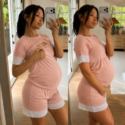 Pijama Feminino Amamentação Curto Para Gestantes Pós Parto Verão com Renda Ultra Confort