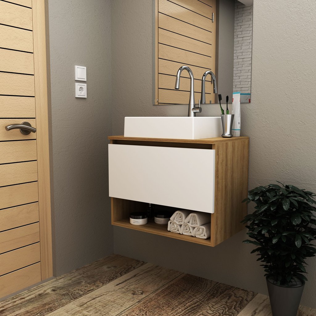 Balcão Gabinete Suspenso para Banheiro 60cm com 1 Porta e Nicho BN3606 Laranja/Amendoa/Branco Amêndoa/Branco