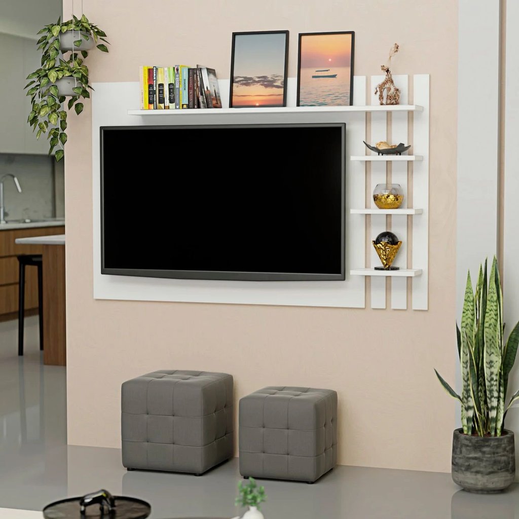 Painel Ripado para TV até 32 Polegadas 120cmx76cm com Prateleiras Branco Branco