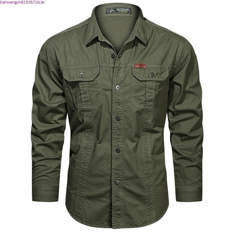 Csa Casual de Manga Longa com Botões Moda Masculina com Botões de Algodão Estilo Esportivo Cargo UQMW