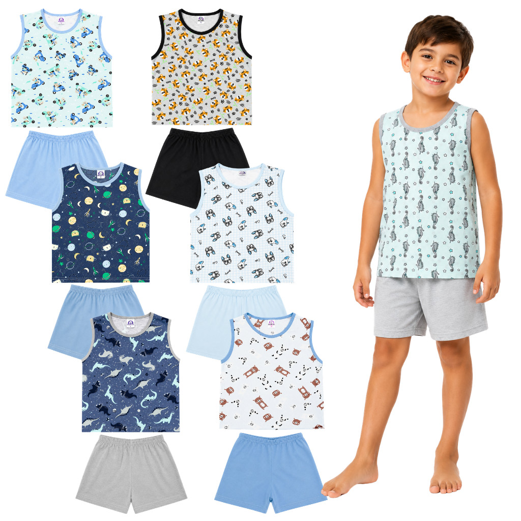 Pijama Regata Machão e Short Estampas Sortidas Infantil Menino 2 ao 8