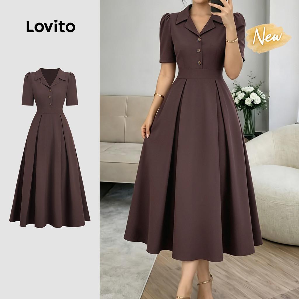 (New Arrival) Lovito Vestido Elegante com Botões Frontais Plissados Na Cor Marro