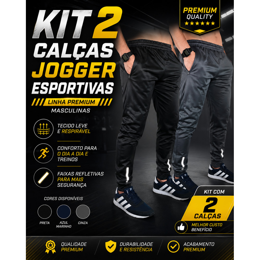 Kit 2 Calças Jogger Esportivas Masculinas Linha Premium Com Faixas Refletivas