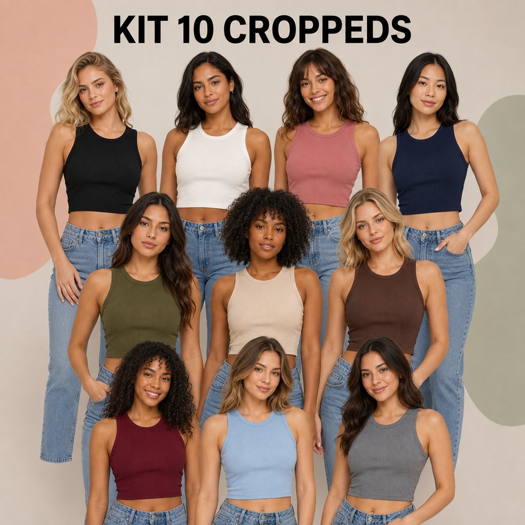Kit 10 Croppeds Femininos Regata Canelada Básica Confortável para o Dia a Dia — imagem 2 de 2