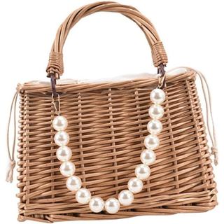 Bolsa de Praia de Palha Trançada OUNONA com Pérolas, Bolsa de Mão Portátil para Mulheres, Elegante Bolsa de Verão para F