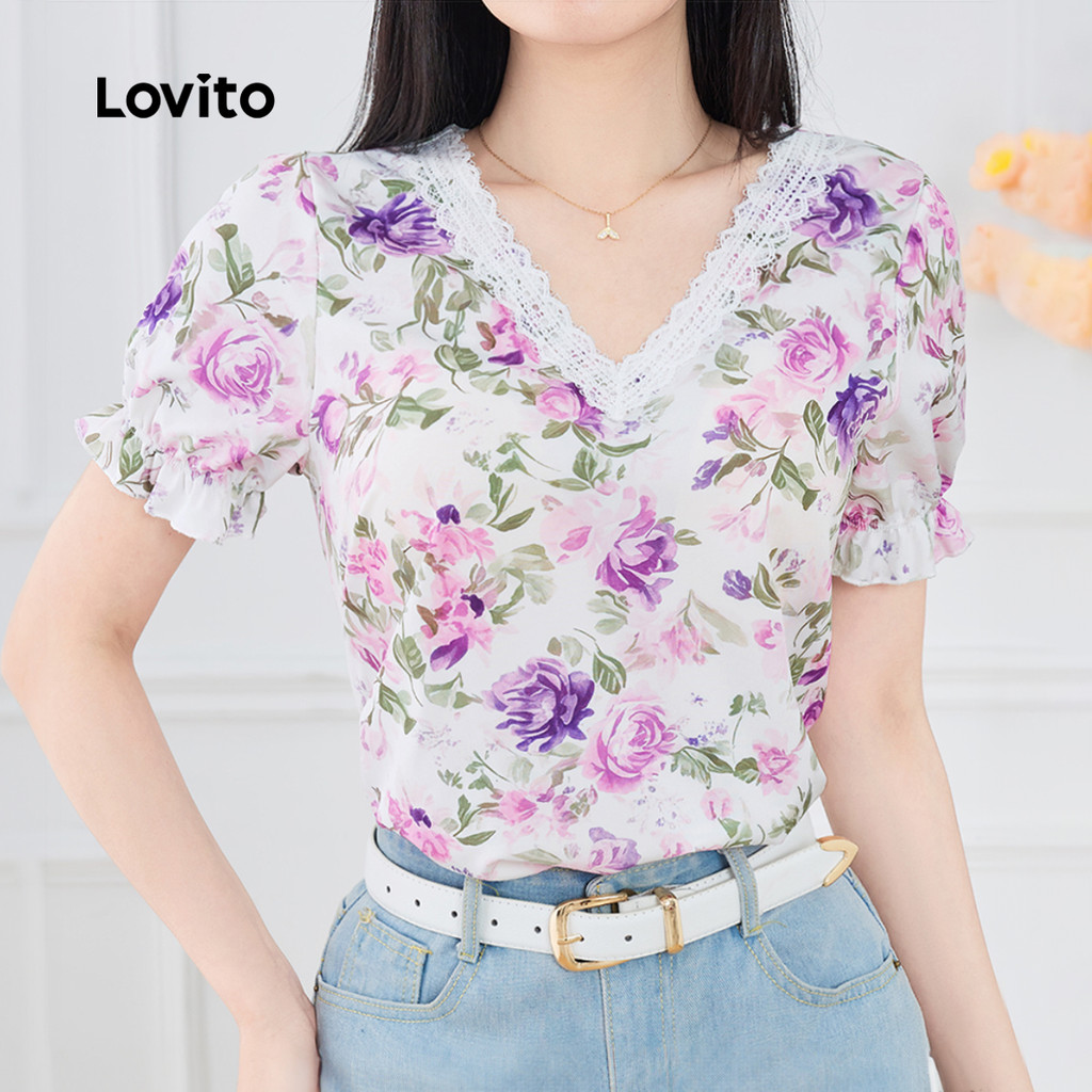 Lovito Blusa Boho Babados No Pescoço Flores Blusa Primavera/verão para Mulheres L195AD244