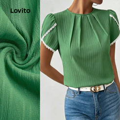 Lovito Blusa Casual de Renda Plissada Verde de Primavera/verão para mulheres Bordado LBL36075