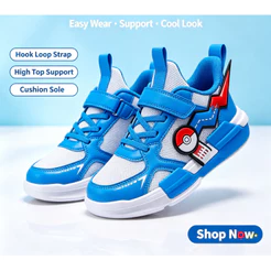 Tênis Infantil de Desenho Animado Azul e Branco com Fecho de Velcro, Cano Alto, Amortecido e Antiderrapante