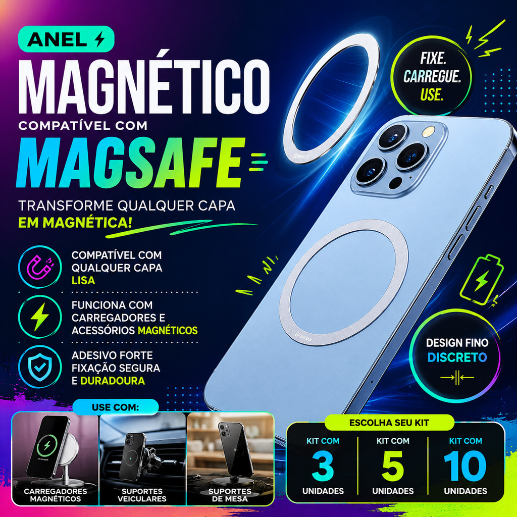 ANEL MAGNÉTICO MAGSAFE UNIVERSAL PARA CELULAR COMPATÍVEL COM IPHONE ANDROID CAPA CARREGADOR MAGNÉTICO KIT COM 3, 5 OU 10
