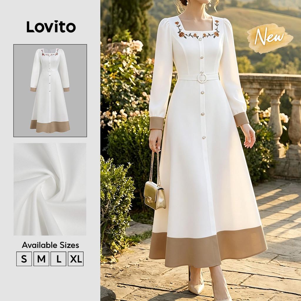 (New Arrival) Lovito Vestido Elegante com Botões Frontais em Contraste de Cores 