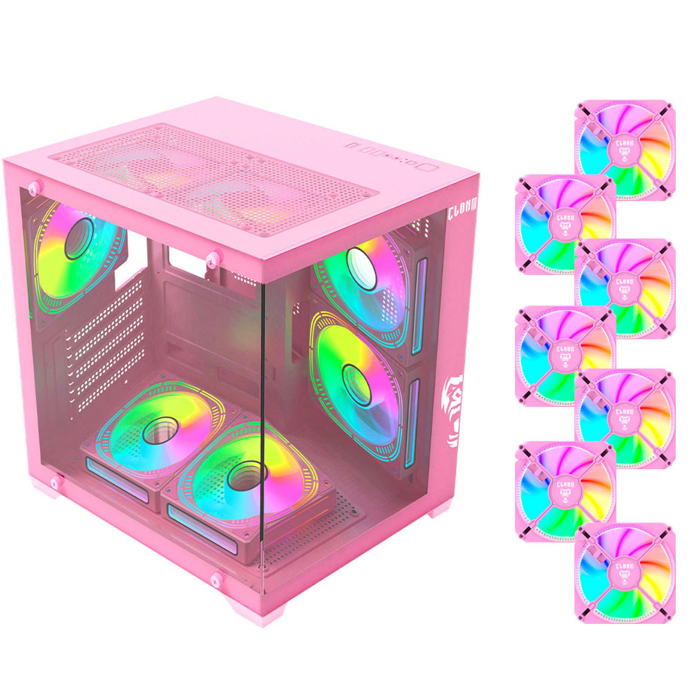 Gabinete Gamer Grodd Candy CLANM Mid Tower Frontal e Lateral Vidro Temperado 7 Fans RGB Rosa
