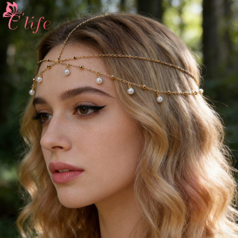 Moda pérola fluxo acessórios de cabelo nupcial acessórios de casamento estilo étnico Multi-camada corrente de cabelo de
