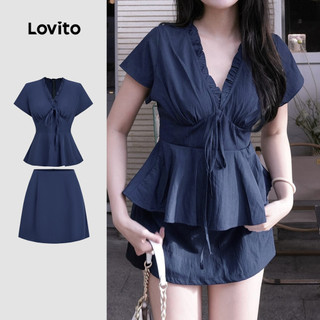 Lovito Blusas ou Saias Elegantes com Babado Primavera/verão Blusa Azul Blusas ou Saias para Mulheres L154ED326