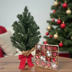 Kit Árvore De Natal Com Pinheiro e Bolinhas Vermelhas e Brancas - 45cm - 1 unidade - Cromus - Rizzo
