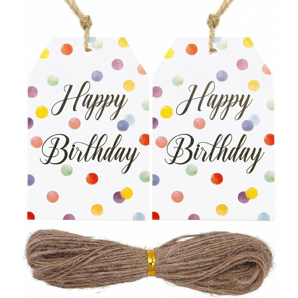 QUUPY 100 Peças de Etiquetas de Presente de Aniversário 8,5x5,5cm, Etiquetas de Papel Coloridas com Bolinhas e Corda de 