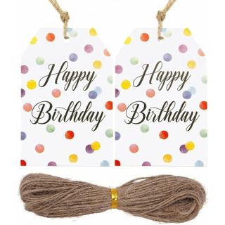 QUUPY 100 Peças de Etiquetas de Presente de Aniversário 8,5x5,5cm, Etiquetas de Papel Coloridas com Bolinhas e Corda de 