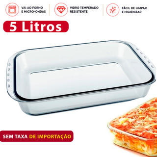 Lasanheira Assadeira de Vidro temperado Marinex 5L Travessa Funda Grande Retangular vai ao forno