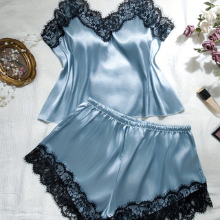 Elegante pijama de seda feminino, conjunto de duas peças em tamanho grande, composto por camisola e shorts, cor sólida c