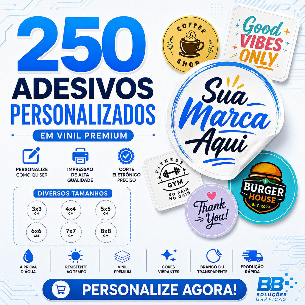 250 Adesivos Personalizados em Vinil 3x3 4x4 5x5 6x6 7x7 8x8 Etc - Etiqueta Adesiva em Vinil Adesivo
