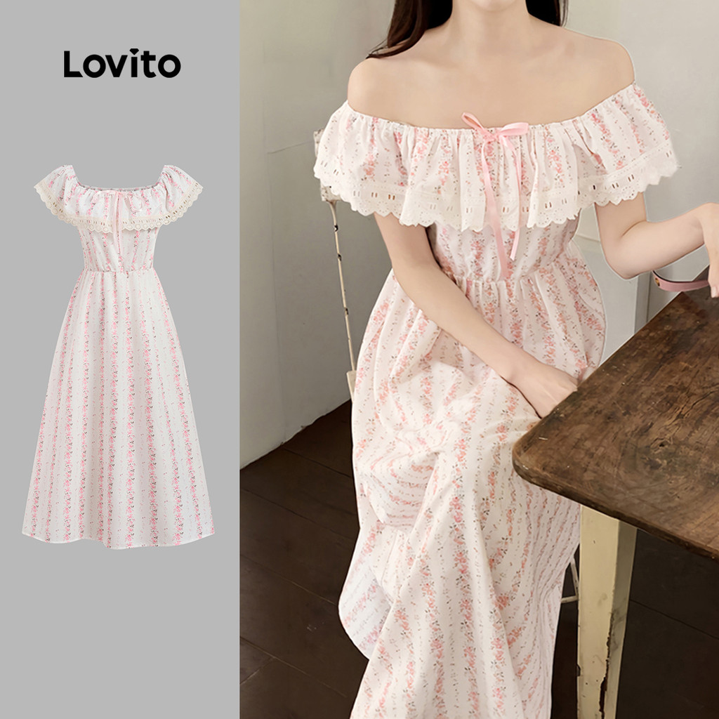 (New Arrival) Lovito Vestido Boho Gola Franzida Flores Babado Primavera/verão Ro
