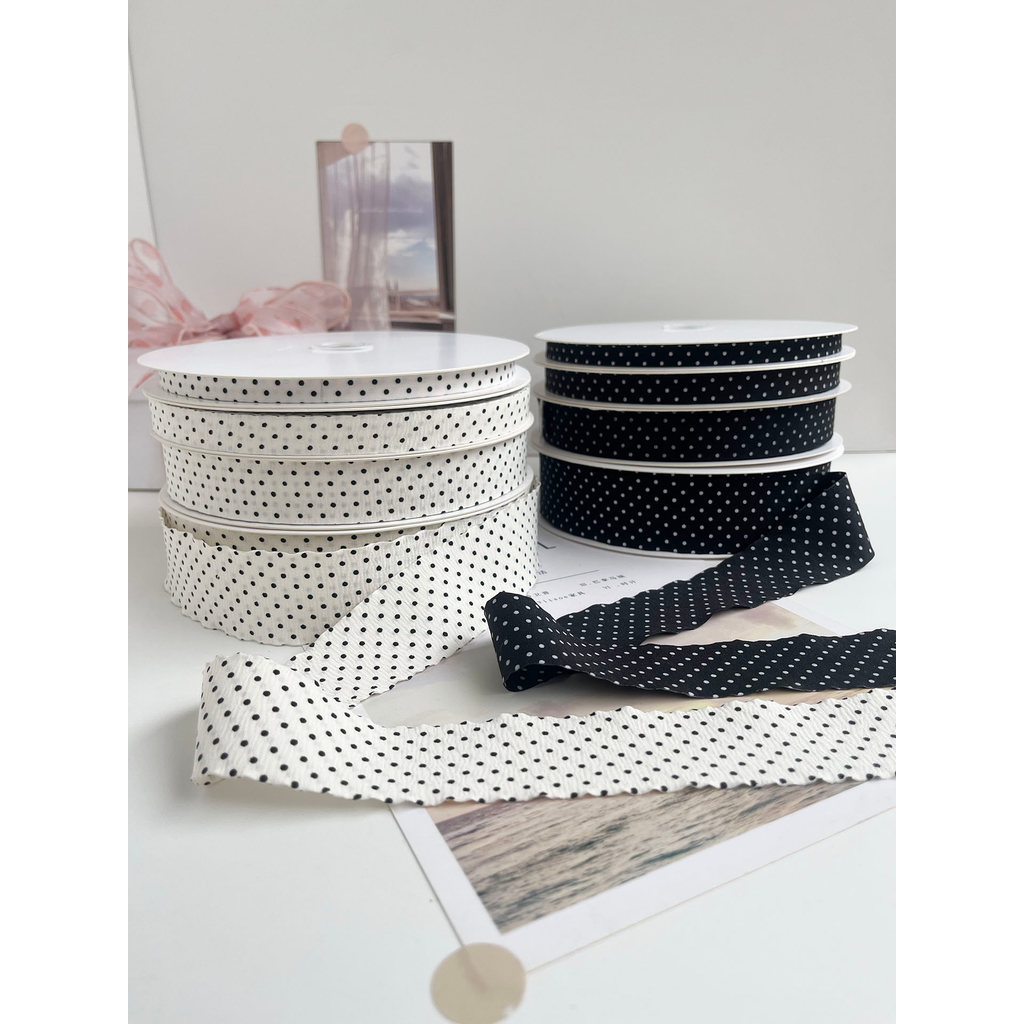 Yaqi pano enrugado fita de bolinhas dupla camada preto branco ponto renda decoração fita materiais florais laço DIY