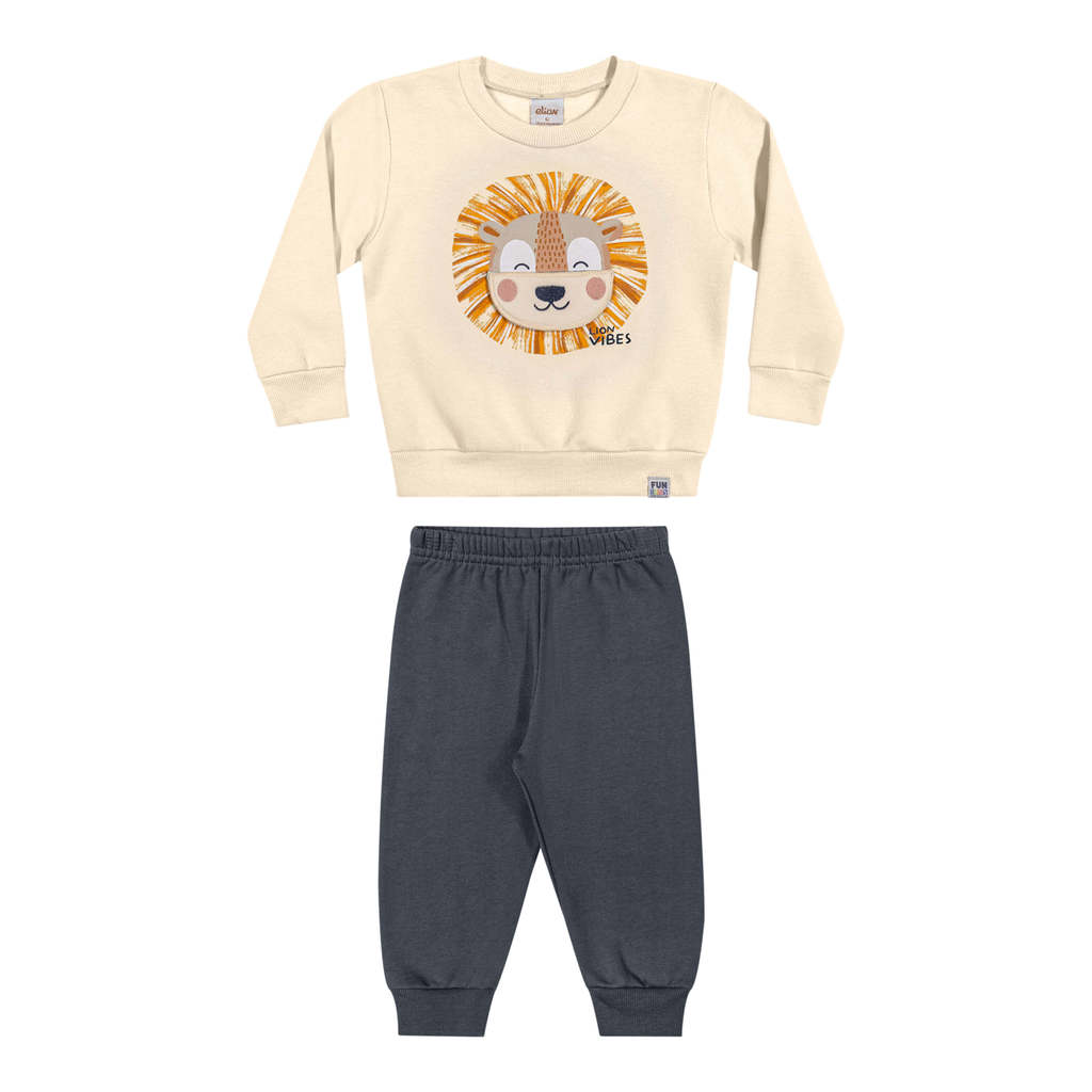 Conjunto Bebê Menino Leão Bordado Interativo Elian Bege