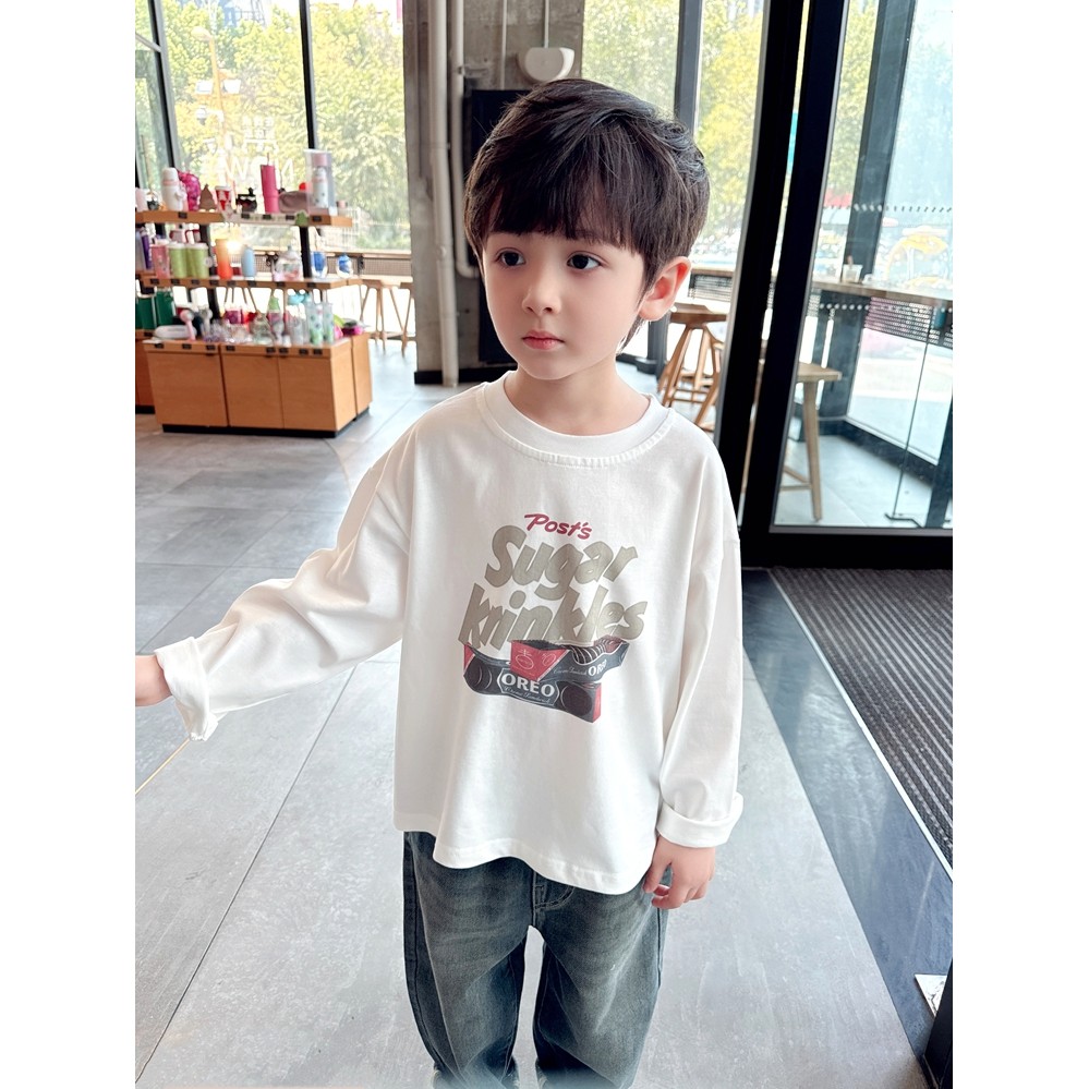 Algodão penteado ~ meninos estilo americano camiseta de manga comprida primavera outono roupas infantis crianças algodão